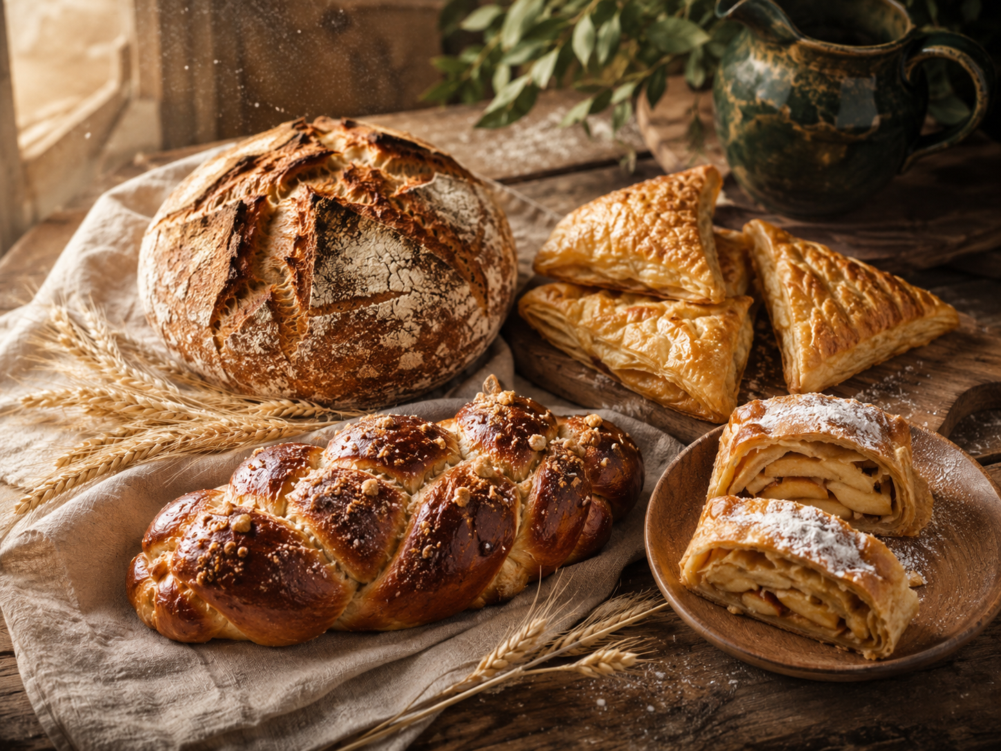 Pâine artizanală și produse de patiserie pe masă de lemn, în lumina dimineții